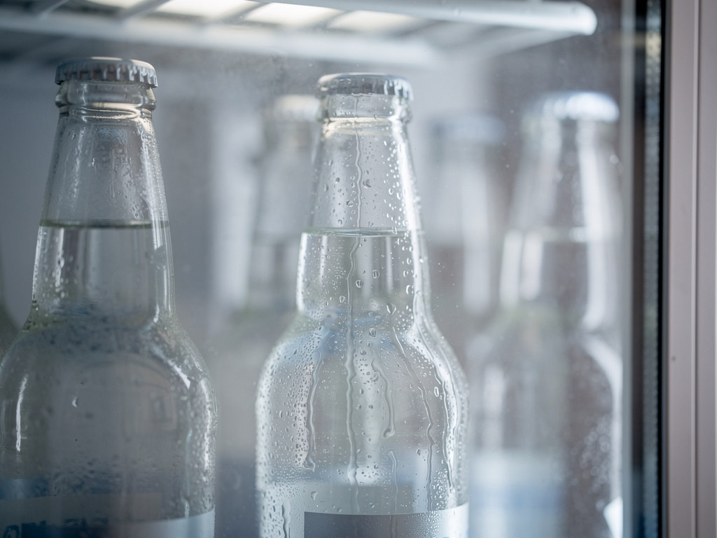 Close-up of condensation running down chilled unlabeled bottles inside a glass-door cooler.