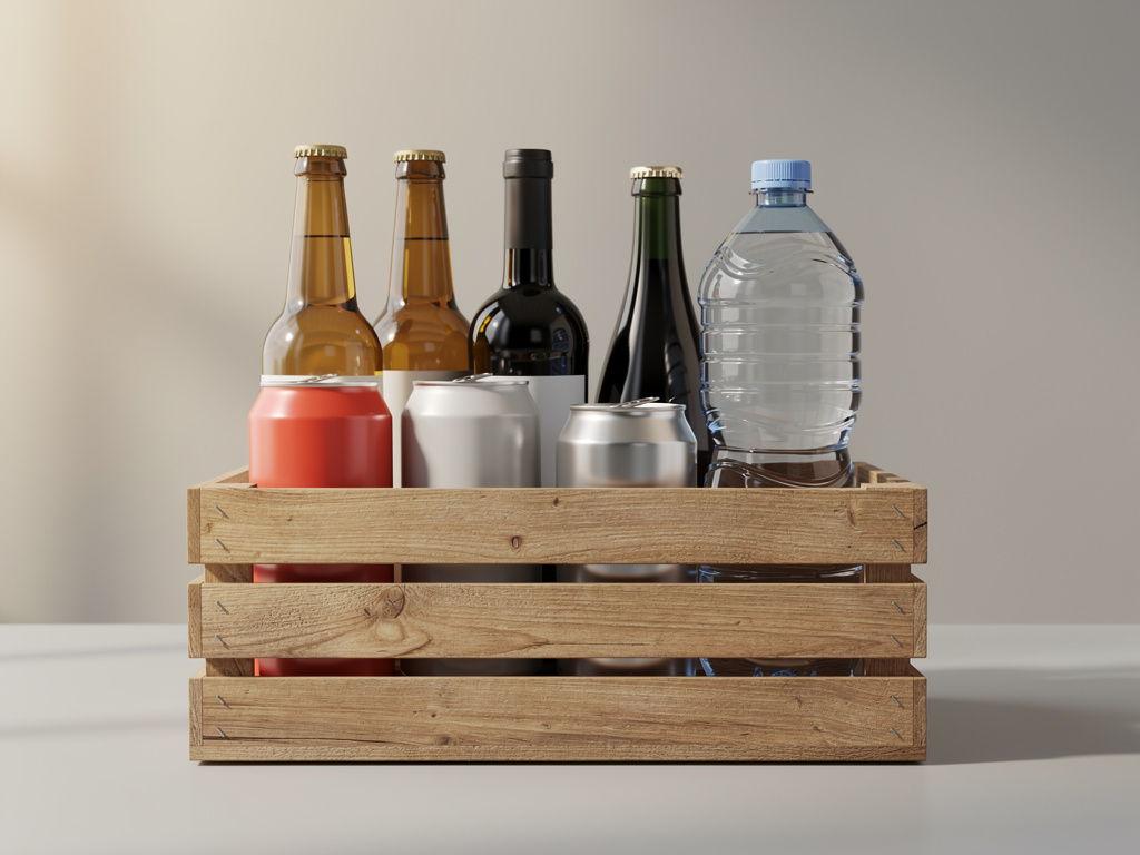 A wooden crate holding a mix of unlabeled beer bottles, wine bottles, soft drink cans and water bottles.
