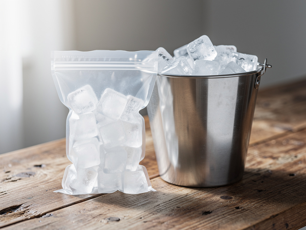 A bag of ice and a metal bucket filled with ice on a rustic wooden counter.