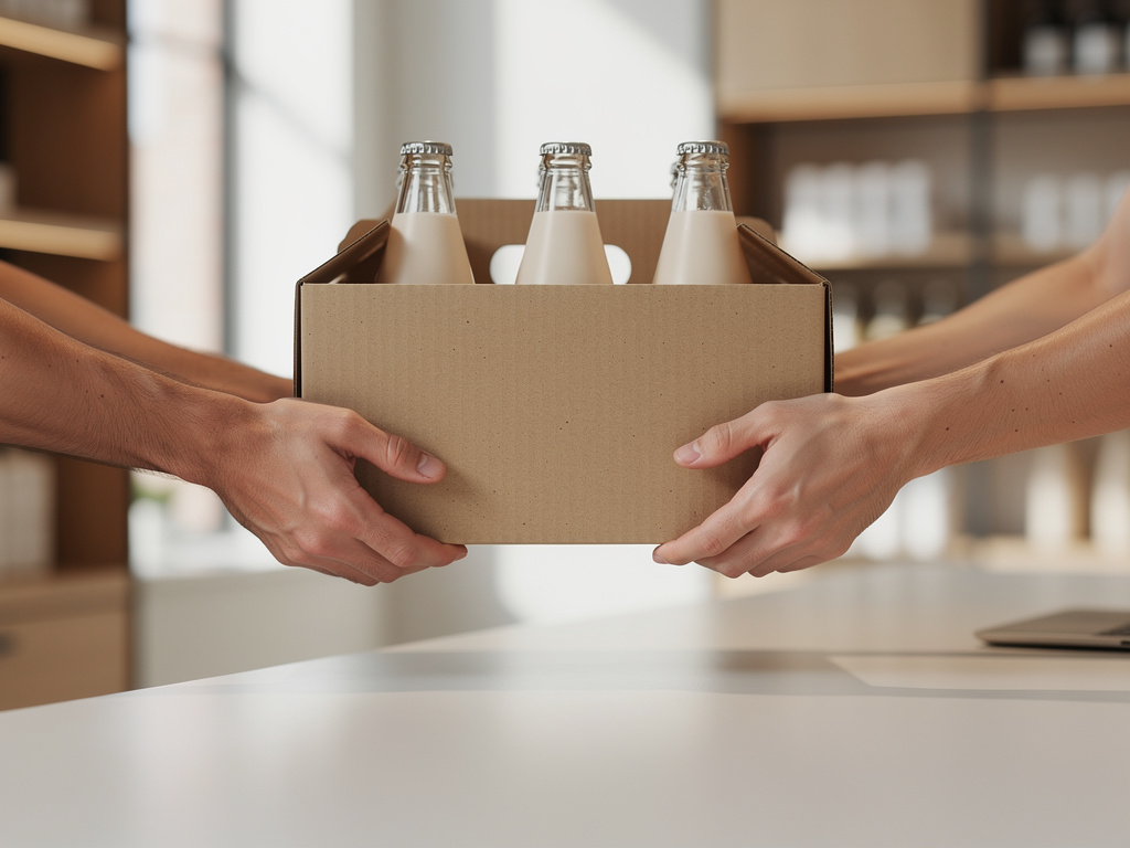 Hands passing a cardboard box of drinks across a shop counter, with no faces visible.