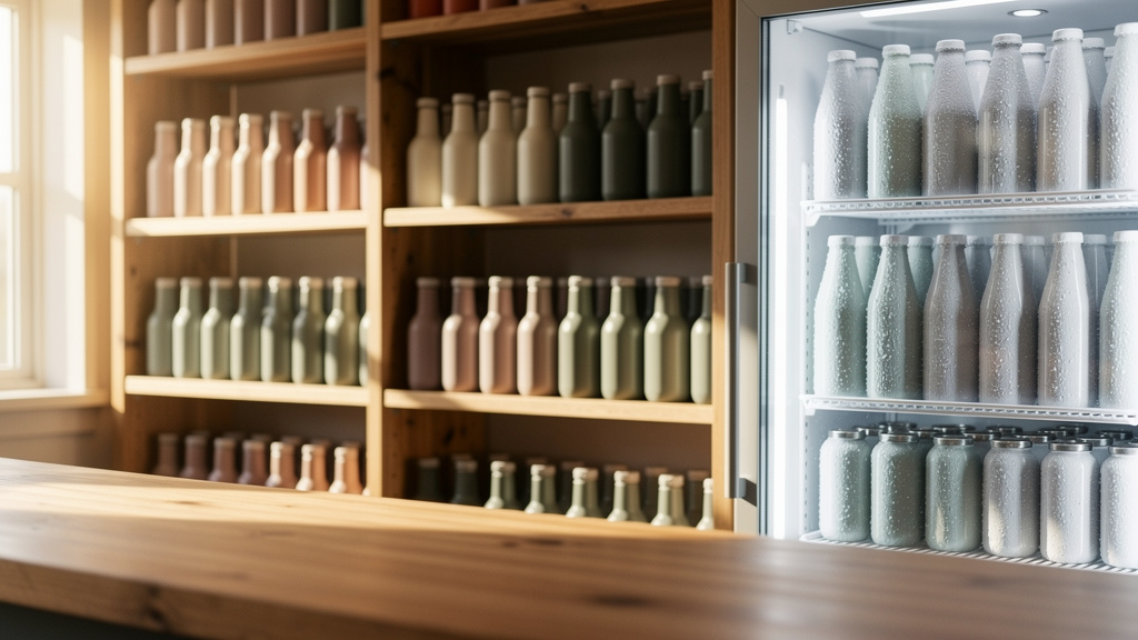 A warm, rustic neighborhood bodega counter with wooden shelves of unlabeled bottles and a glass cooler glowing with fros