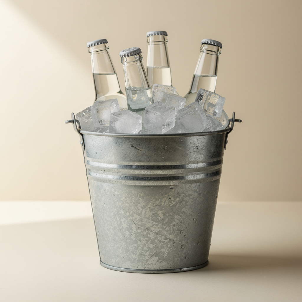 A galvanized metal bucket packed with ice and unlabeled glass bottles on a clean cream-colored surface.