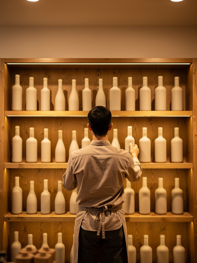 A shopkeeper seen from behind, stocking a wooden shelf with bottles in a cozy shop lit with amber light.